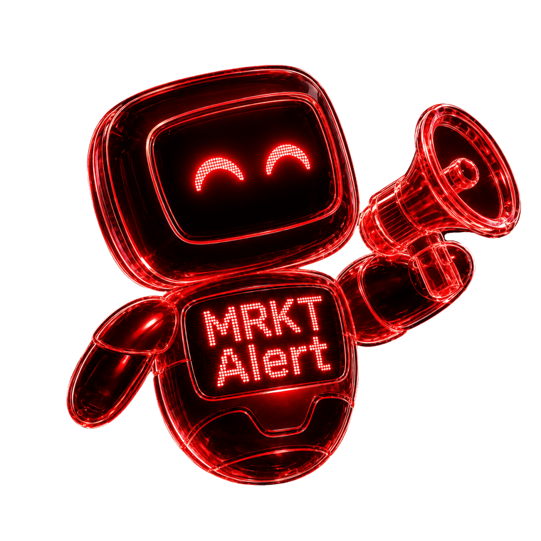 MRKT ALERT robot mascot holding a megaphone