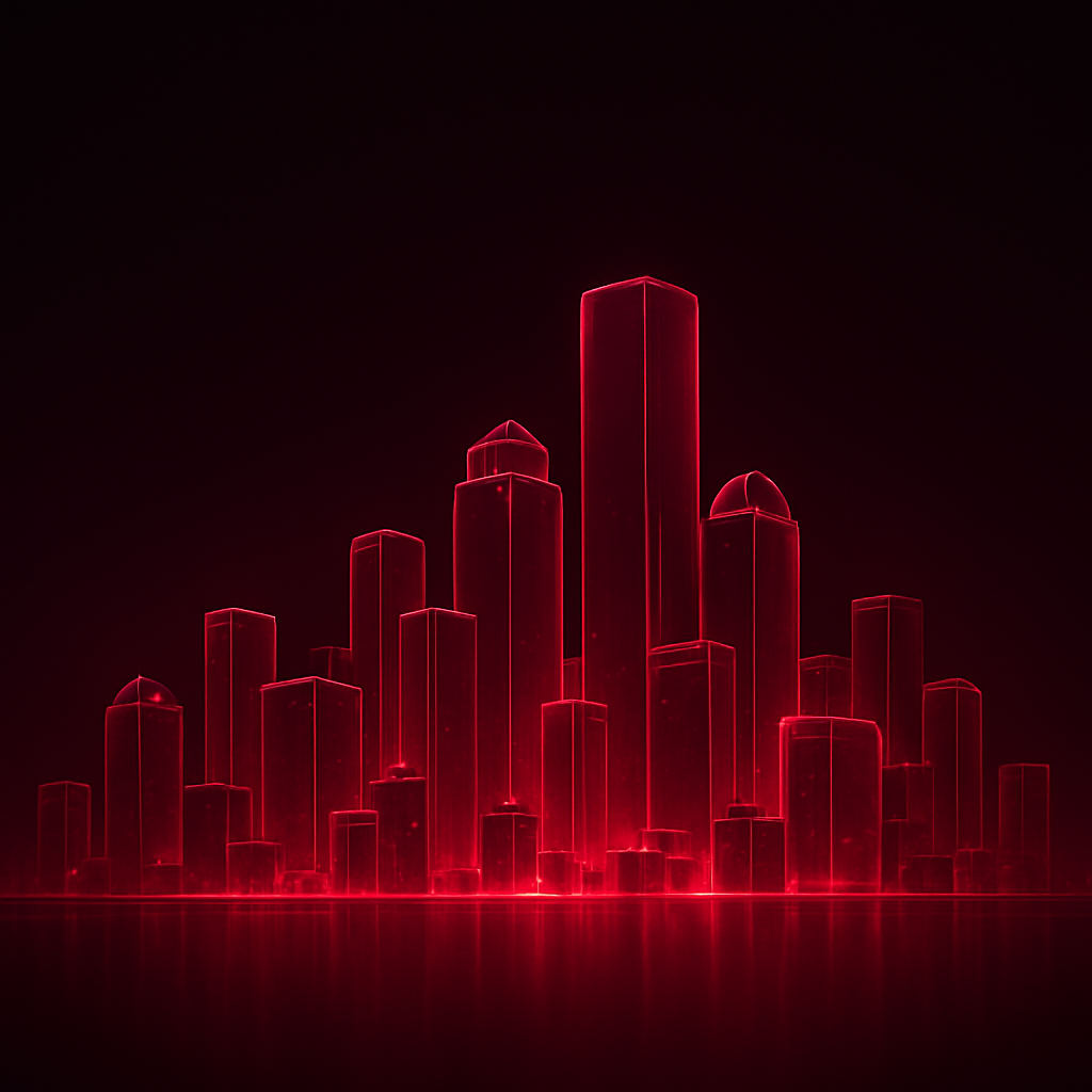 A wide red glass city at night seen through frosted glass